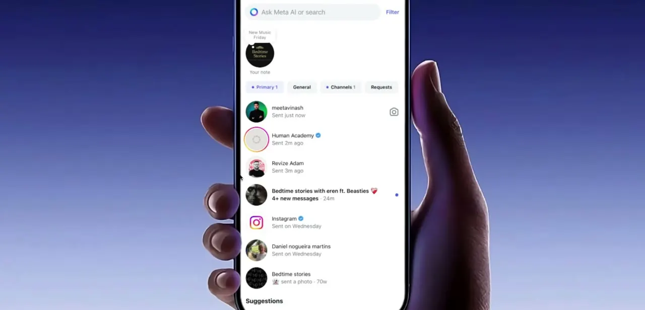 The DM inbox with its Primary, General, Channels, and Requests tabs, where a burst of new threads shows up clearly.