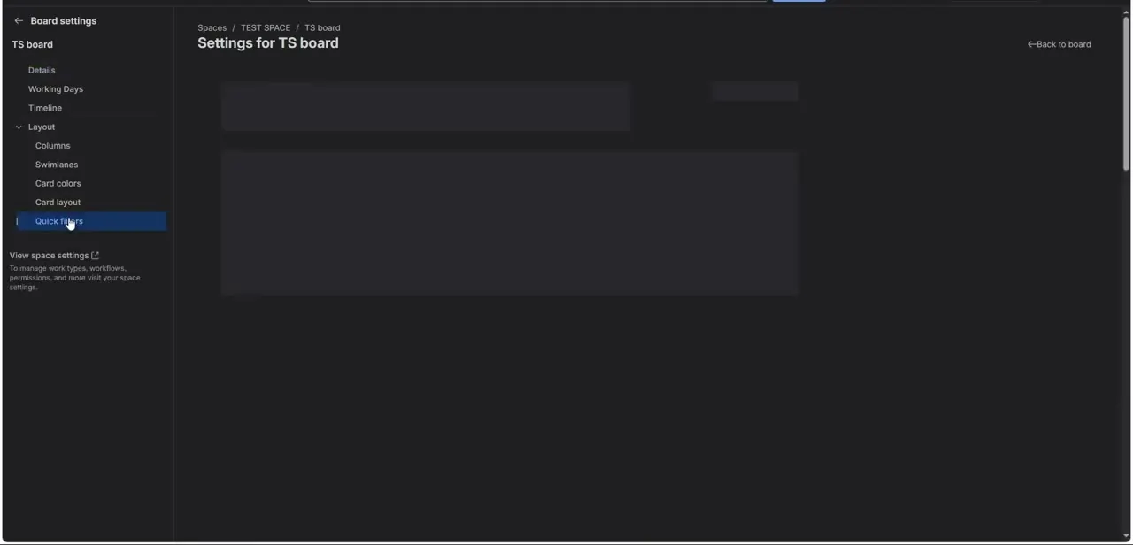 The Quick filters entry inside a board's Layout settings, the destination for managing every filter available on that board.