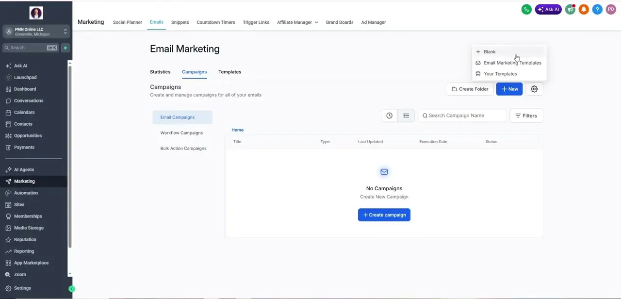 The Campaigns screen on a fresh account, showing "No Campaigns" and the +New dropdown with Blank, Email Marketing Templates, and Your Templates.