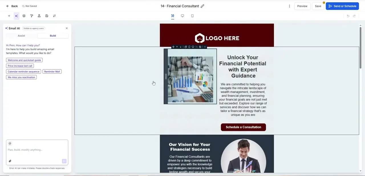 The email builder mid-design, showing a hero section with a headline, supporting copy, and a call-to-action button.