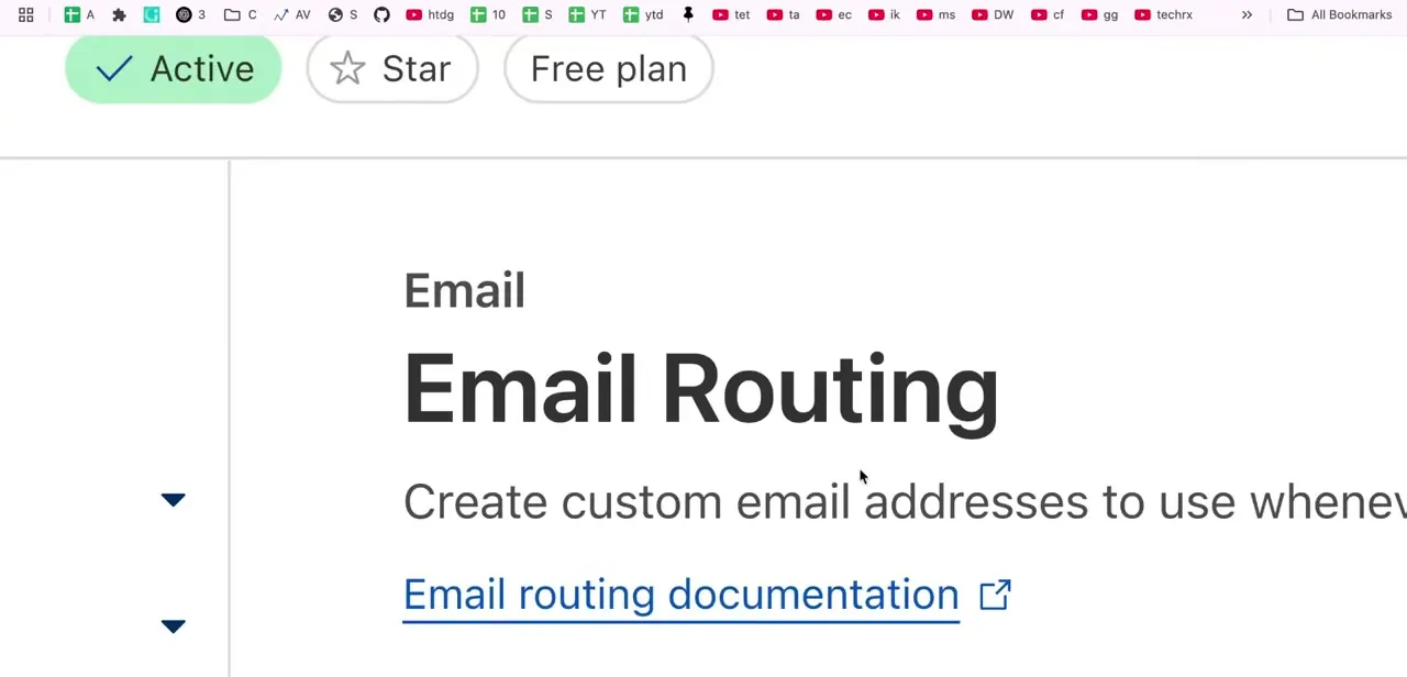 The Email Routing landing page inside a domain, with the domain's Active status and Free plan badge visible above it.