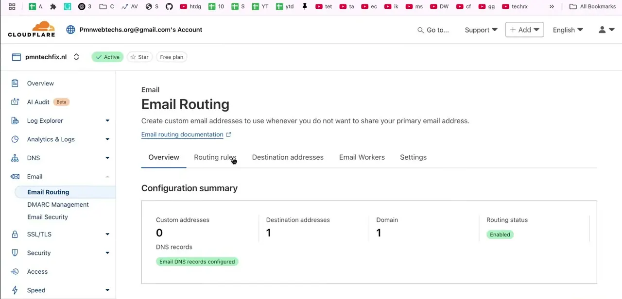 The Email Routing configuration summary — custom addresses, destination addresses, domain count, and routing status, with a note confirming the DNS records are already in place.