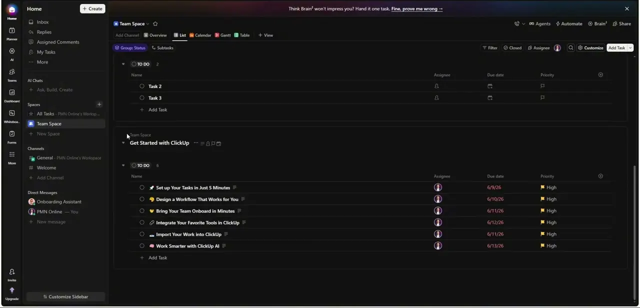 A ClickUp workspace with its onboarding checklist in the task list, sidebar chat, and AI shortcuts all visible at once.