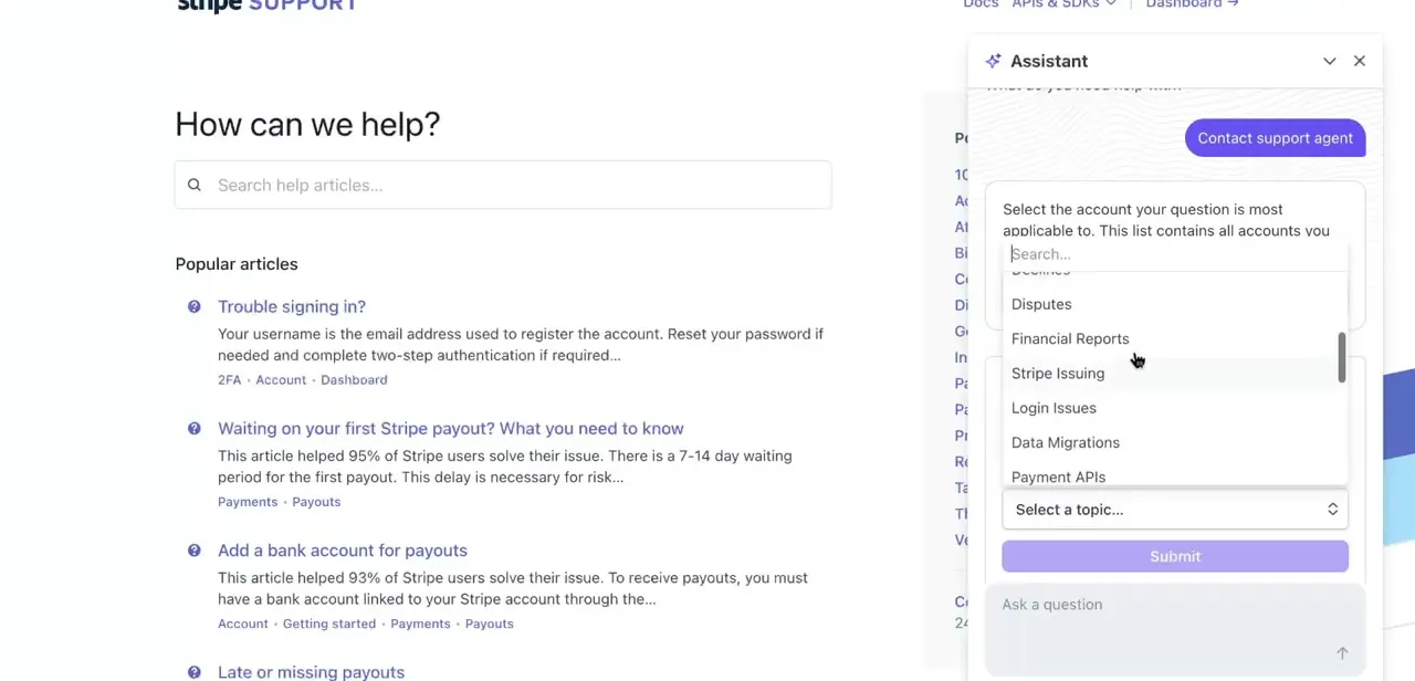 The Assistant panel on Stripe's Support site, asking which account and topic your question applies to before routing you further.