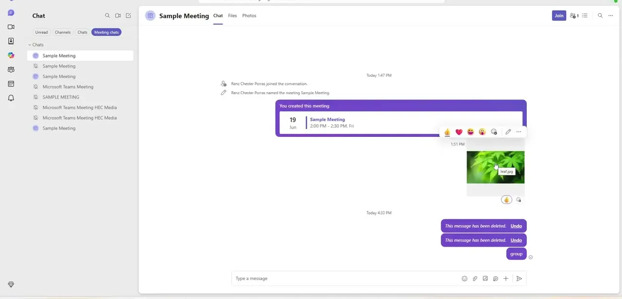 A file shared in a Teams chat, previewed inline with reaction and options controls on hover — the same behavior a restored file shows once it's back in place.