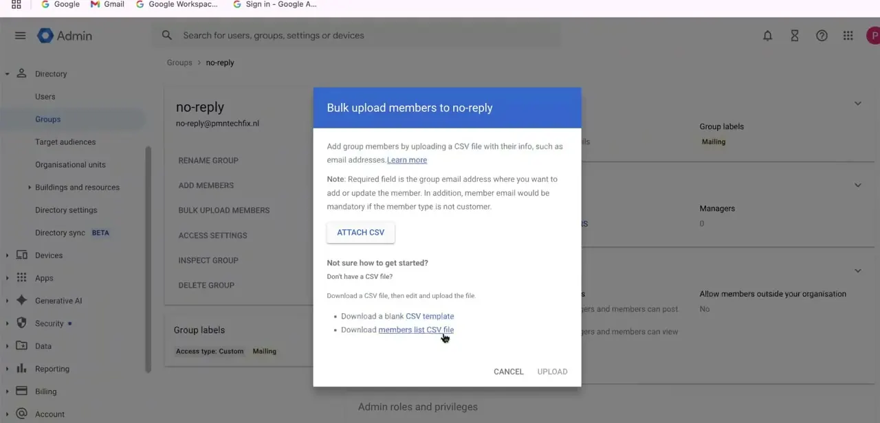 The bulk upload dialog, with an Attach CSV button and links to download a blank template or a sample file before you upload.