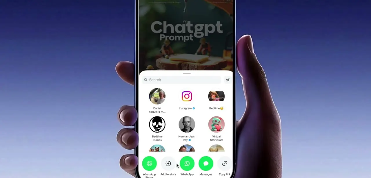 Instagram's share sheet after tapping the share icon on a video, with Copy link sitting alongside WhatsApp and Messages sharing options.