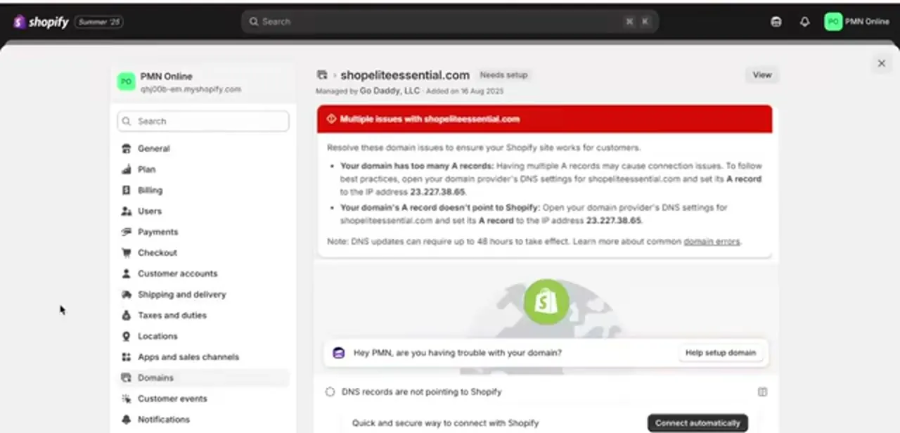 The domain's detail page inside Shopify admin. The left sidebar shows Domains selected under Settings, with a red banner listing the specific DNS problems found.
