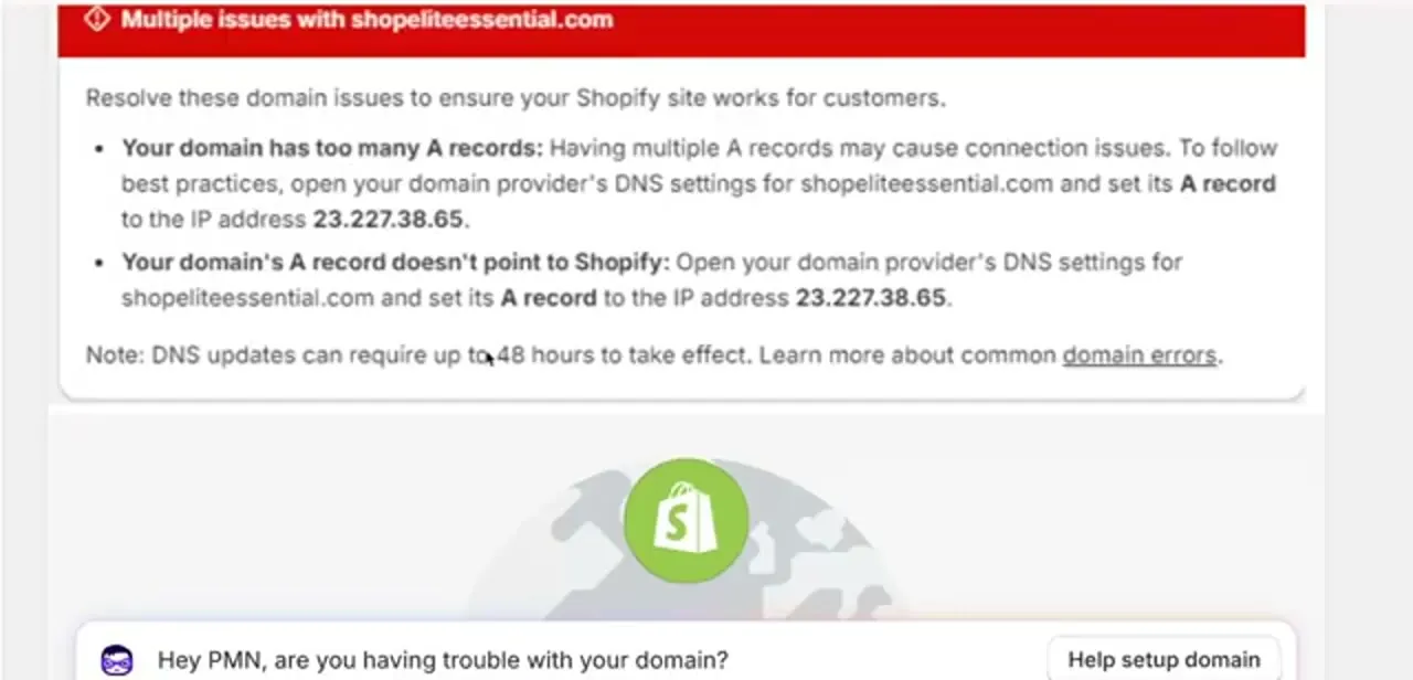 The lower part of the same error banner, with Shopify's chat prompt offering help setting up the domain if the DNS fix doesn't resolve on its own.