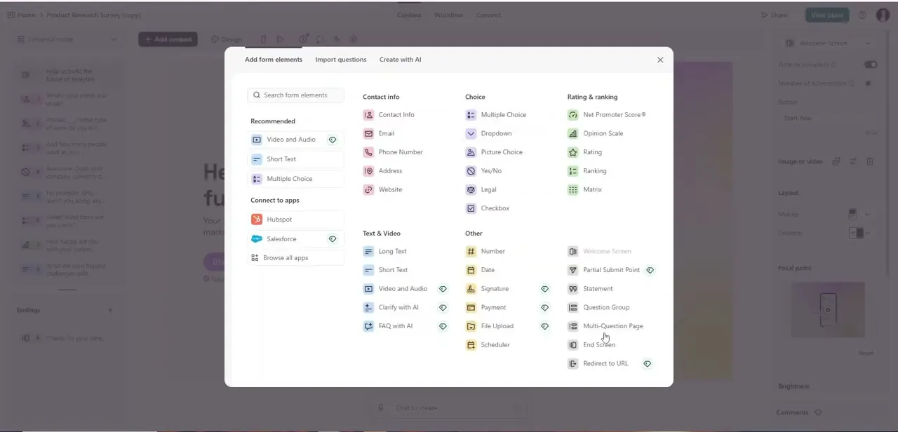The Add form elements panel, open mid-edit, showing every question type grouped into Contact Info, Choice, Rating & ranking, and Text & Video.