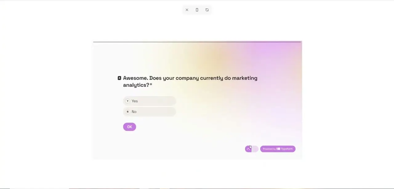 Preview mode rendering a Yes/No question exactly as a respondent would see it, complete with the OK button and Typeform's branded footer.