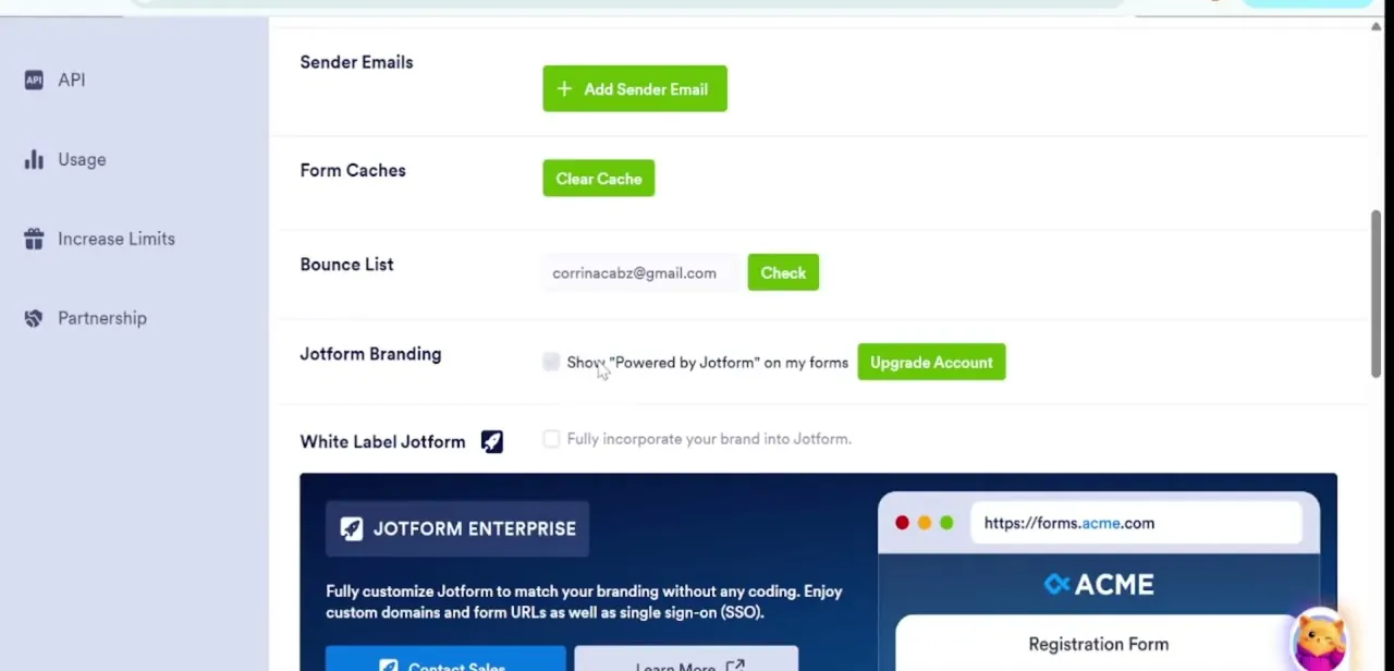The Jotform Branding setting, with the "Powered by Jotform" checkbox and an Upgrade Account button next to it.