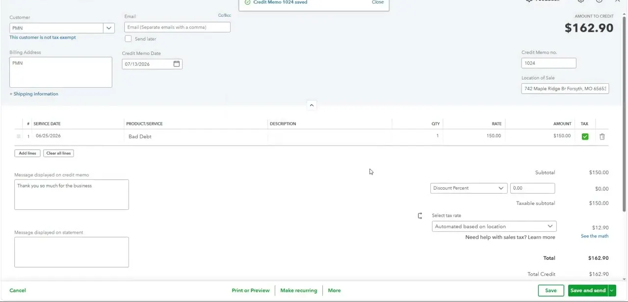 A saved credit memo with a single Bad Debt line item, subtotal, and tax calculated automatically — this is the credit that gets applied to zero out the invoice.