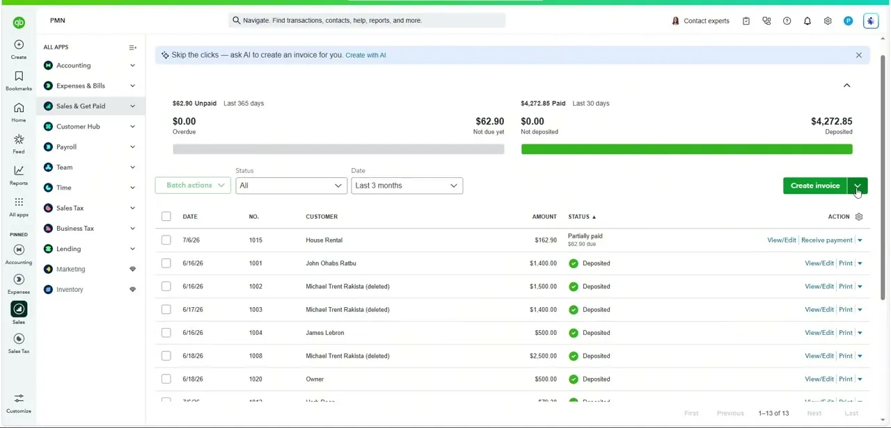 The Invoices list under Sales, showing unpaid and paid totals alongside each invoice's individual status after a credit has been applied.
