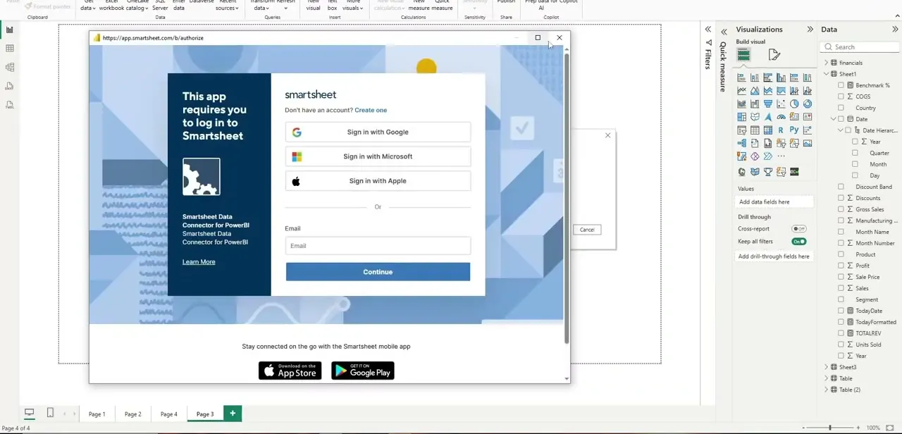 The Smartsheet authorization window that Power BI opens for sign-in, with Google, Microsoft, Apple, and email options.
