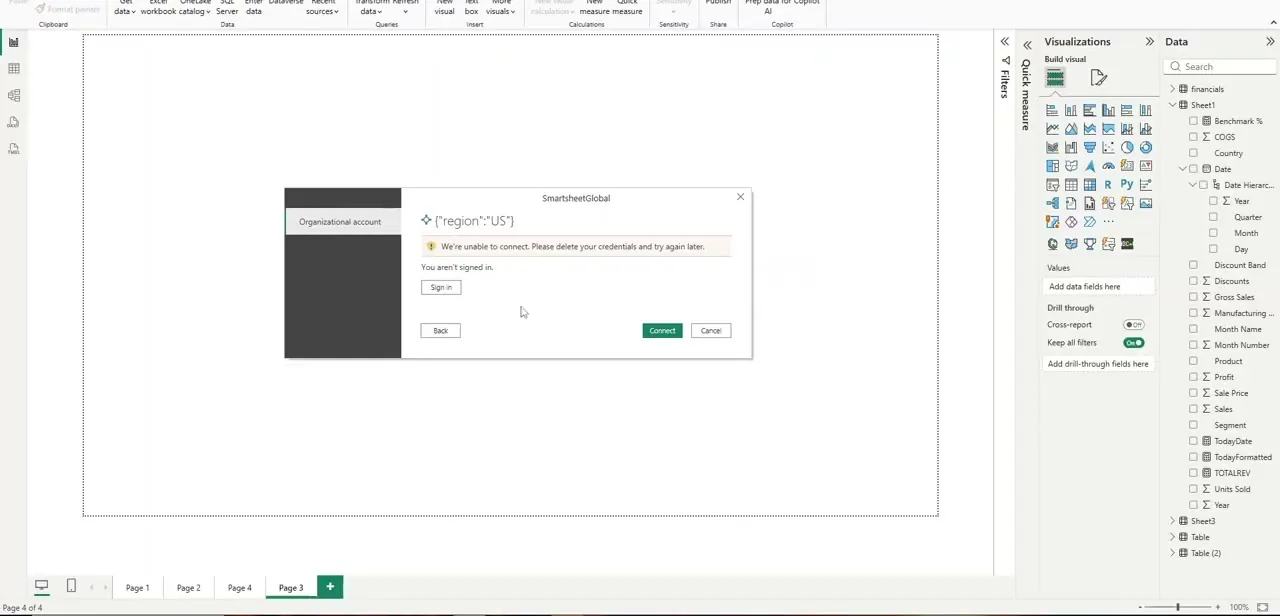 A failed connection attempt — Power BI reporting it can't connect and prompting you to clear your saved credentials before retrying.