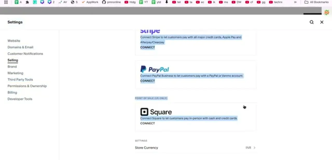 The three processor cards stacked on the Payments page: Stripe, PayPal, and Square under a Point of sale (US only) heading.