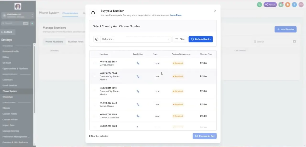 The Buy your Number modal set to Philippines, showing local numbers at $15.00 a month, each requiring an address on file.
