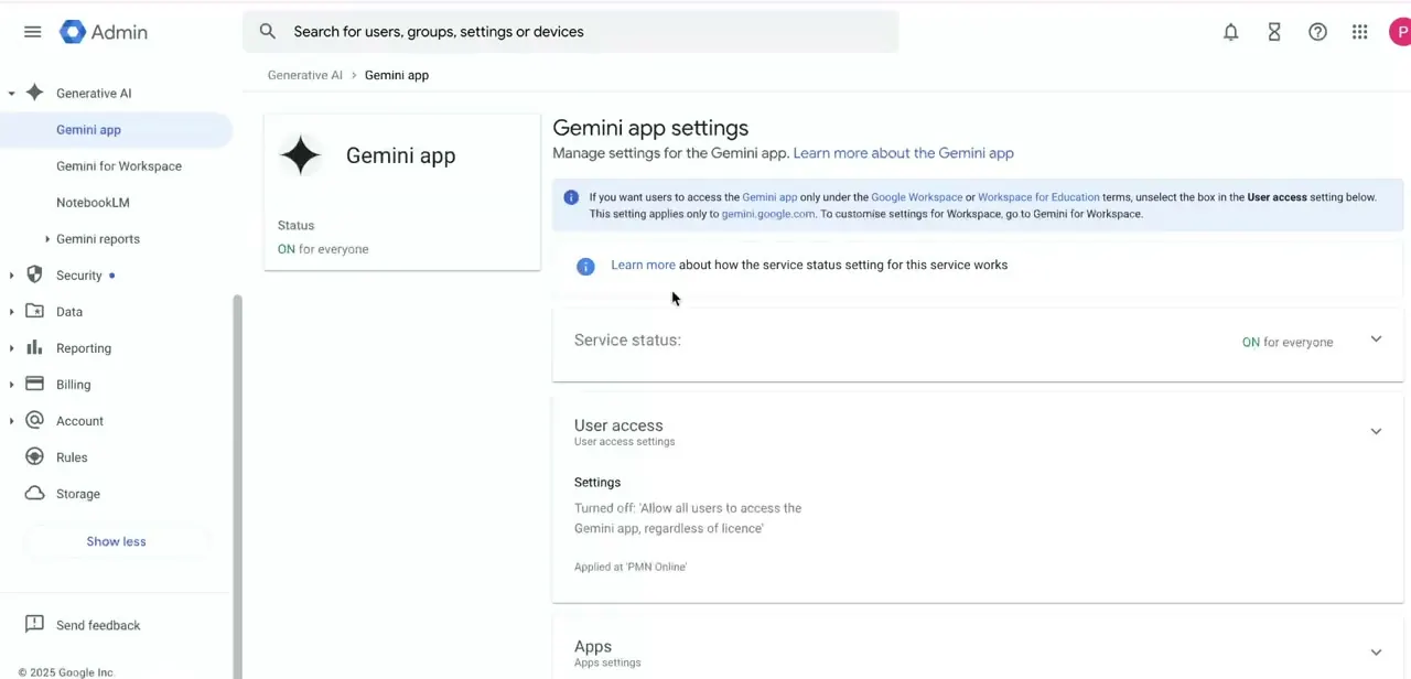 The Gemini app settings screen in the Google Admin console, showing service status set to ON for everyone and a User access panel below it.