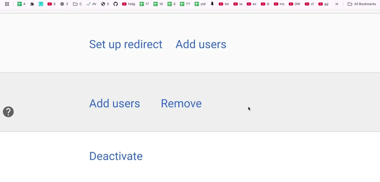 The action links available per domain: Set up redirect, Add users, Remove, and Deactivate.