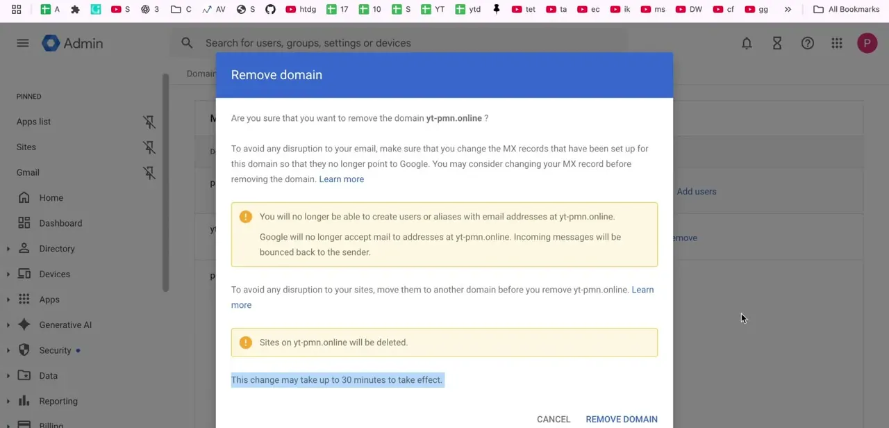 The Remove domain confirmation dialog, warning that mail will bounce, sites will be deleted, and MX records should be updated first.