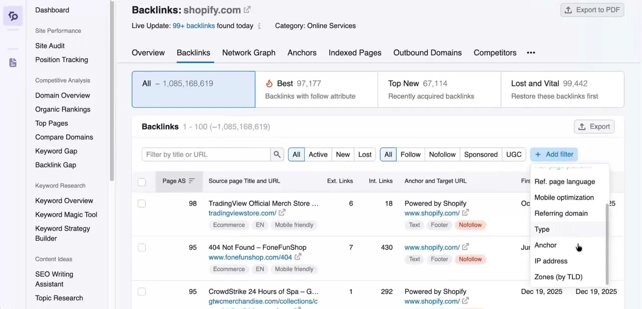 The Add Filter dropdown on the Backlinks tab, with options for referring domain, mobile optimization, anchor text, type, IP address, and TLD zones.