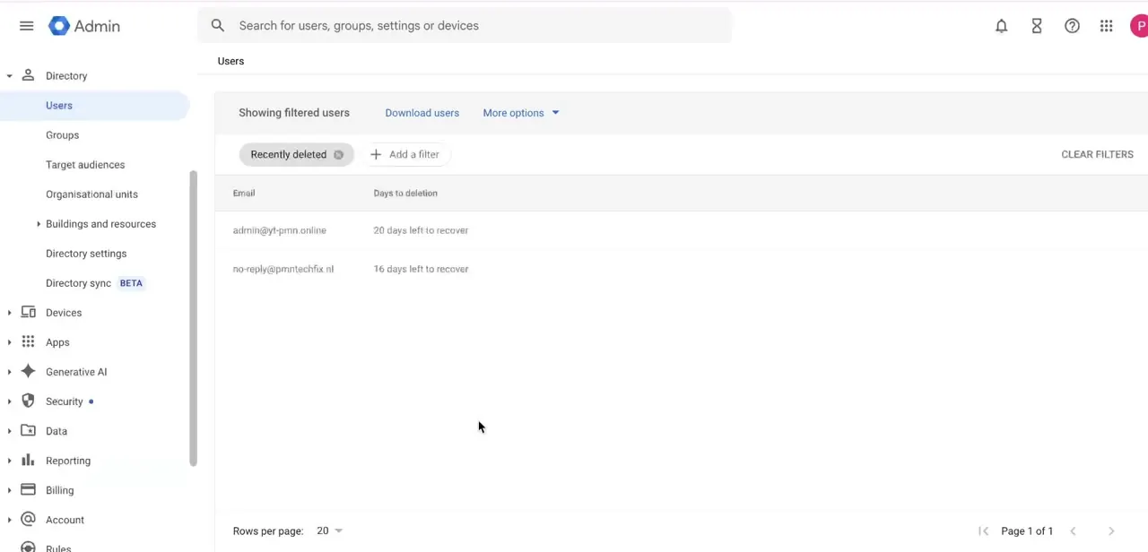 The Users list filtered to "Recently deleted," showing each account's email address alongside how many days are left to recover it.