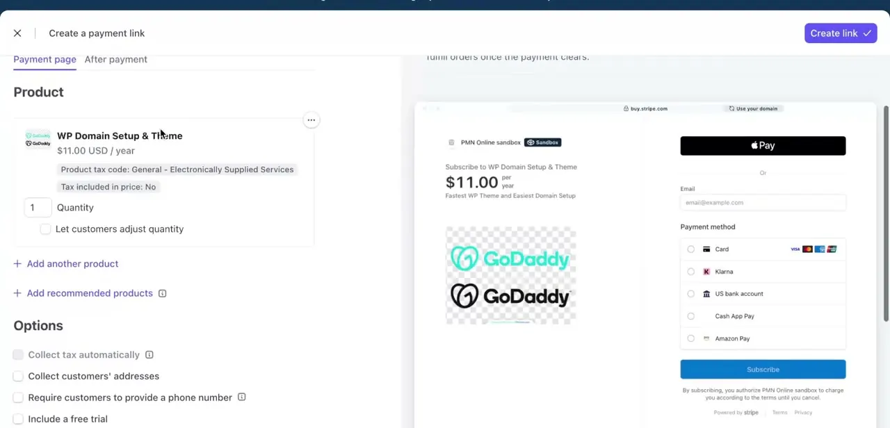 Building a payment link for a subscription product, with a live preview of the hosted checkout page showing Apple Pay and card fields.