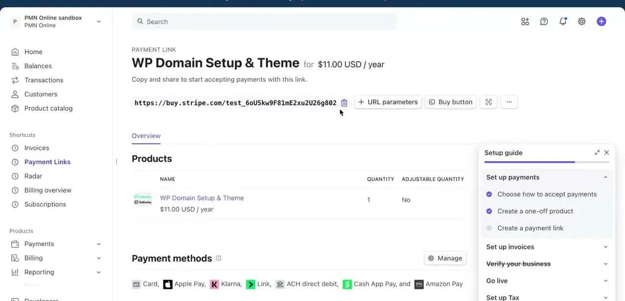A completed payment link for the $11.00/year product, showing the shareable URL, the product it's tied to, and enabled payment methods.