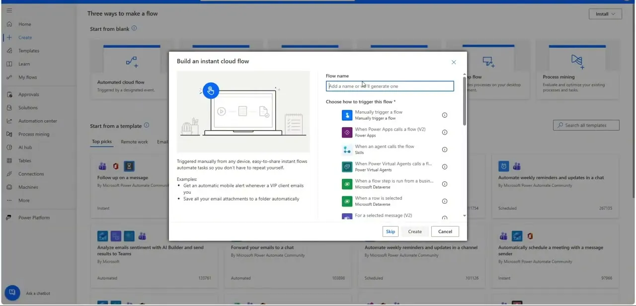 The Build an instant cloud flow dialog — name the flow and choose its trigger from options including manual, Power Apps, and Dataverse.