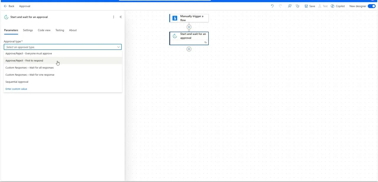 The Start and wait for an approval action, with its Approval type dropdown open showing Everyone-must-approve, First-to-respond, Custom Responses, and Sequential Approval.