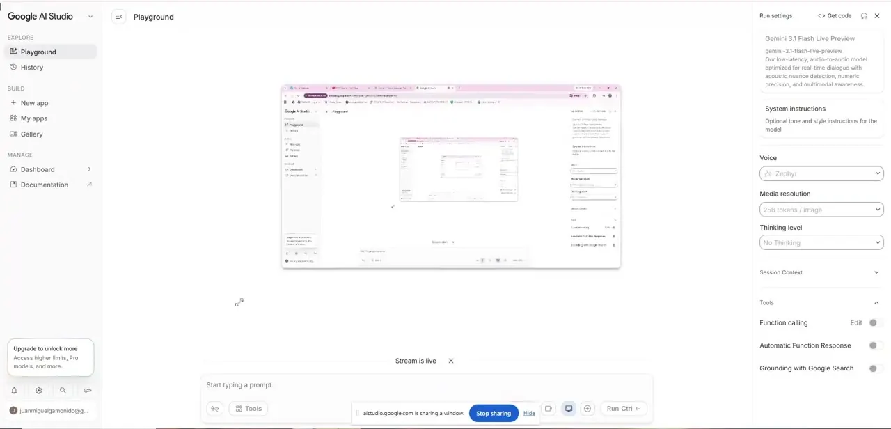 A window mid-share — the thumbnail preview in the center of the Playground and the "Stream is live" status confirm Gemini can see it.