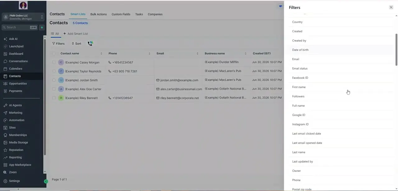 The Contacts list with the Filters panel open, listing the fields available for building a segment, including contact-level attributes alongside tags.