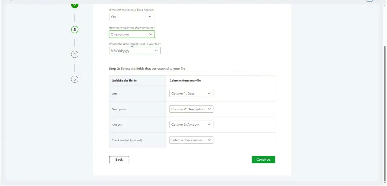 The import wizard's field-mapping step, matching Date, Description, Amount, and Check number to the corresponding columns from an uploaded file.