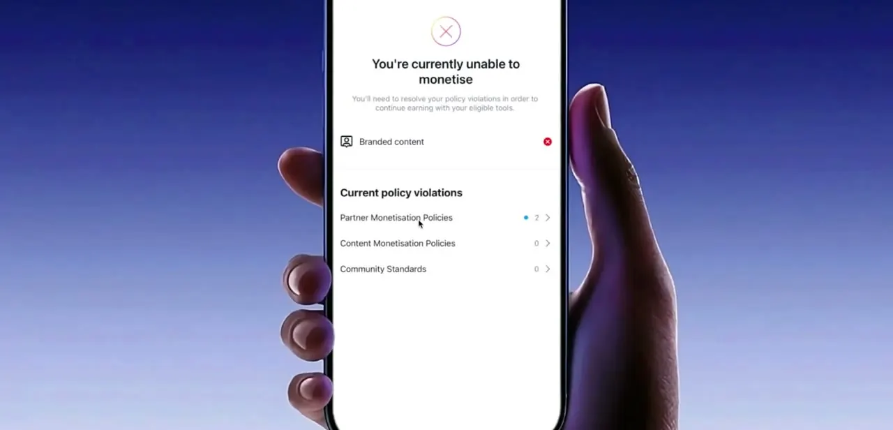 The violations breakdown screen, listing Partner Monetisation Policies, Content Monetisation Policies, and Community Standards with a count next to each.