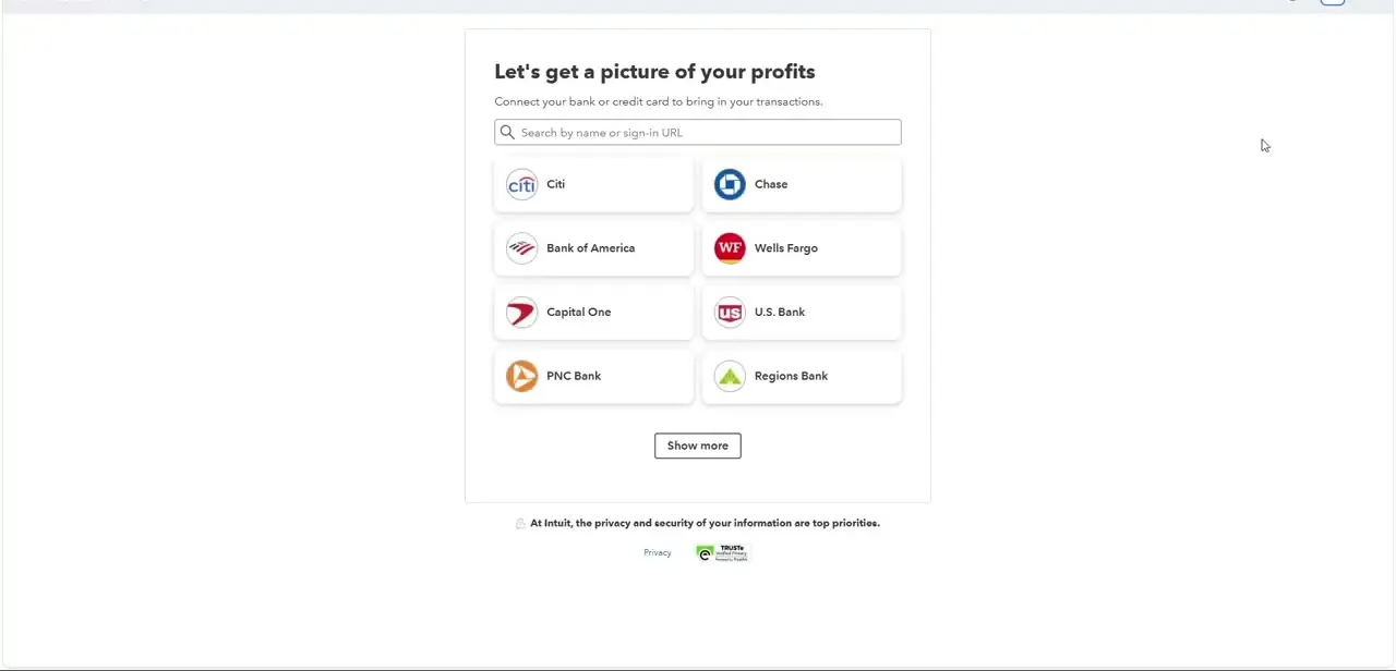 The "Let's get a picture of your profits" connection screen, where searching by name surfaces PayPal instead of scrolling through listed banks.