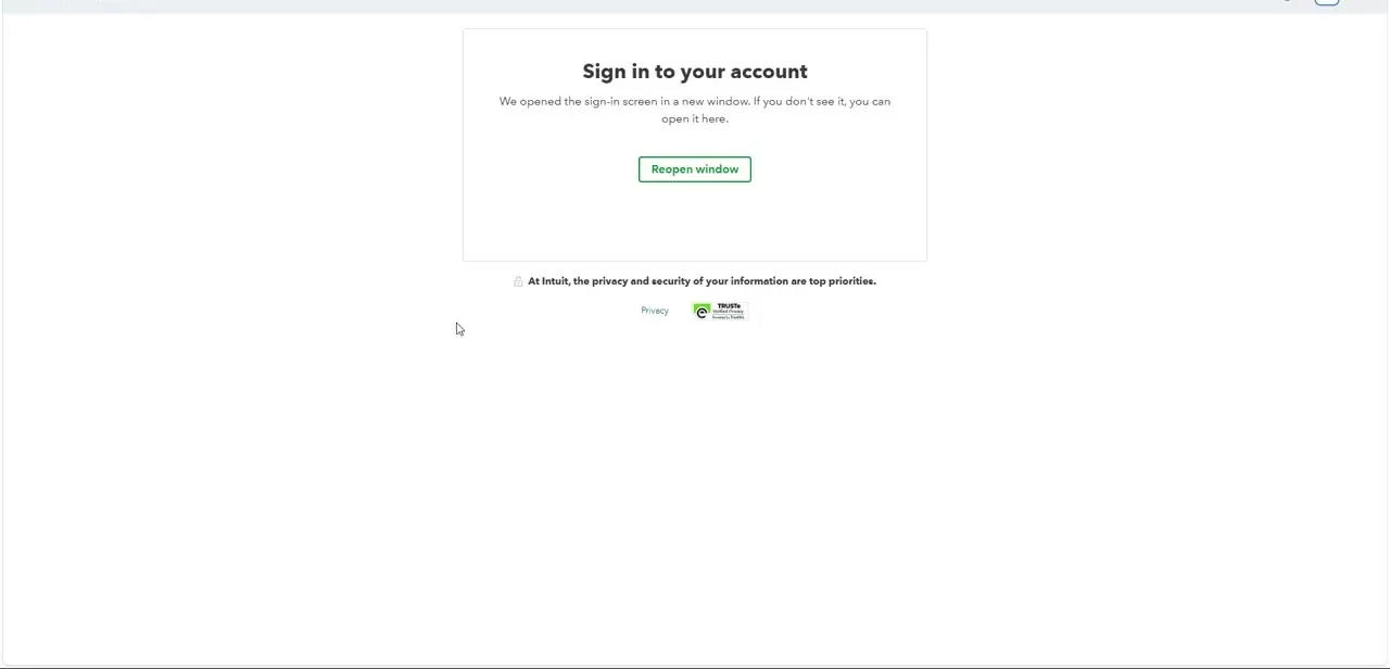 The waiting screen QuickBooks shows if the PayPal sign-in window doesn't open on its own, with a button to reopen it.