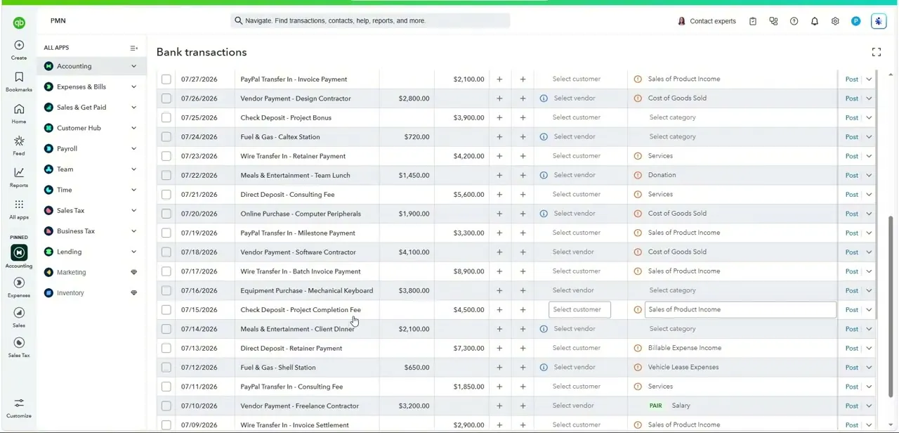 The Bank transactions feed with PayPal Transfer In entries mixed among other deposits, each waiting for a customer and category before posting.