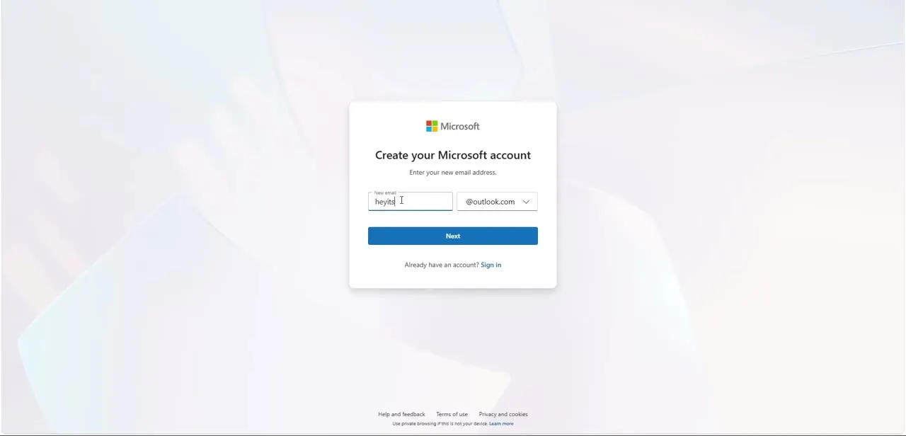 The Create your Microsoft account screen, with a new email handle being typed in and the @outlook.com domain selected from the dropdown.