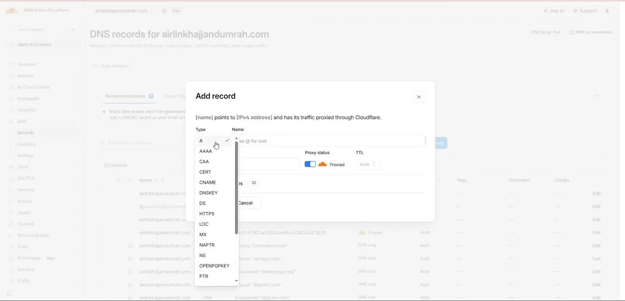 The Add record modal with the Type dropdown open, listing A, AAAA, CNAME, MX, and the rest of Cloudflare's supported record types.