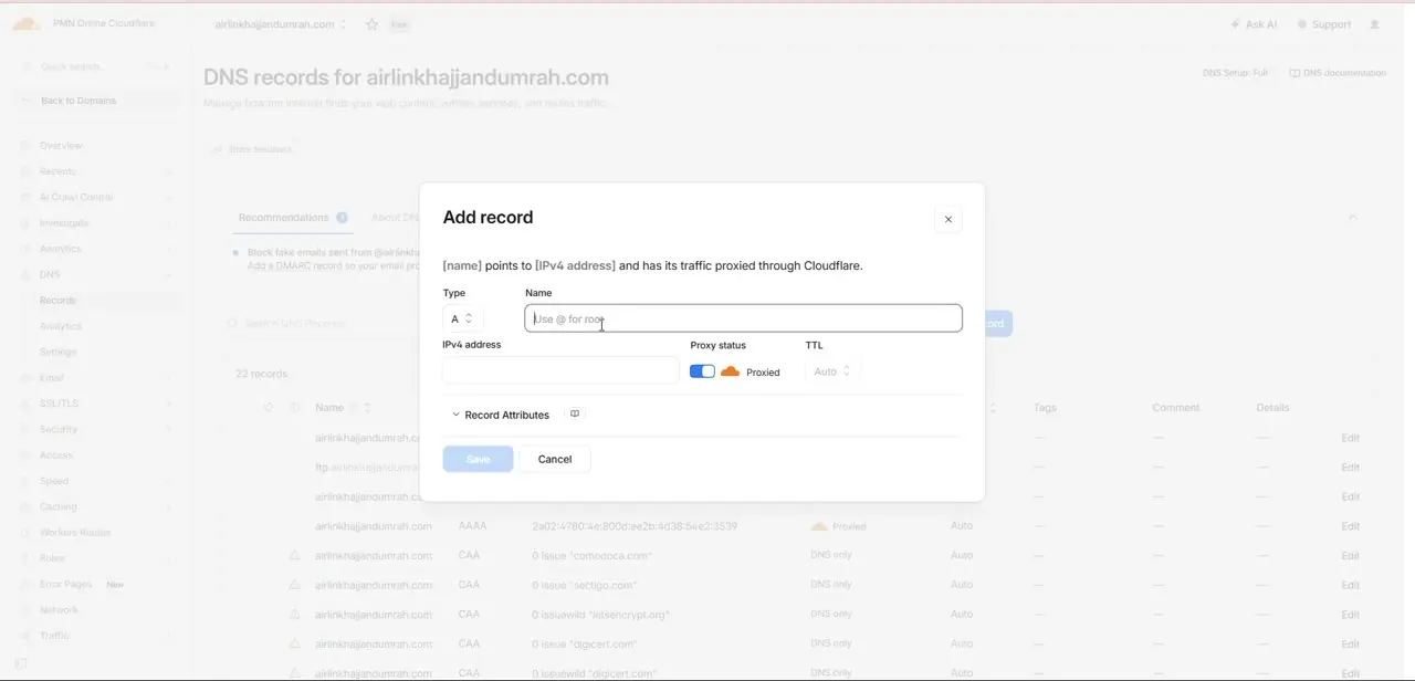 The completed Add record form for an A record, showing the Name and IPv4 address fields plus the orange Proxied toggle and Auto TTL.