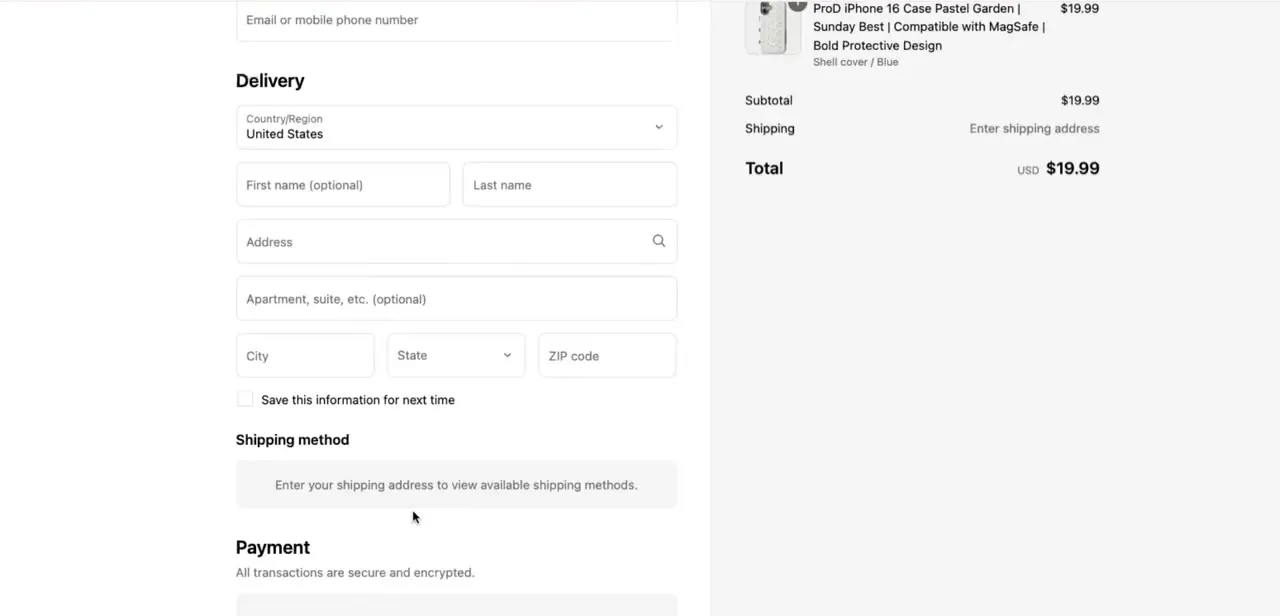A completed checkout delivery form with order summary and total — this is the screen you should be able to reach and fill out once the fix has actually taken.