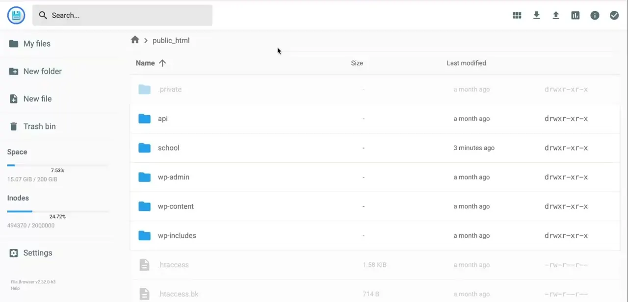 File Manager open to public_html, Hostinger's default web root. Folders here are what your domain actually serves.