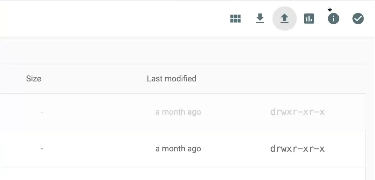 The File Manager toolbar. The upload icon is how you push files or a zipped project folder into public_html.