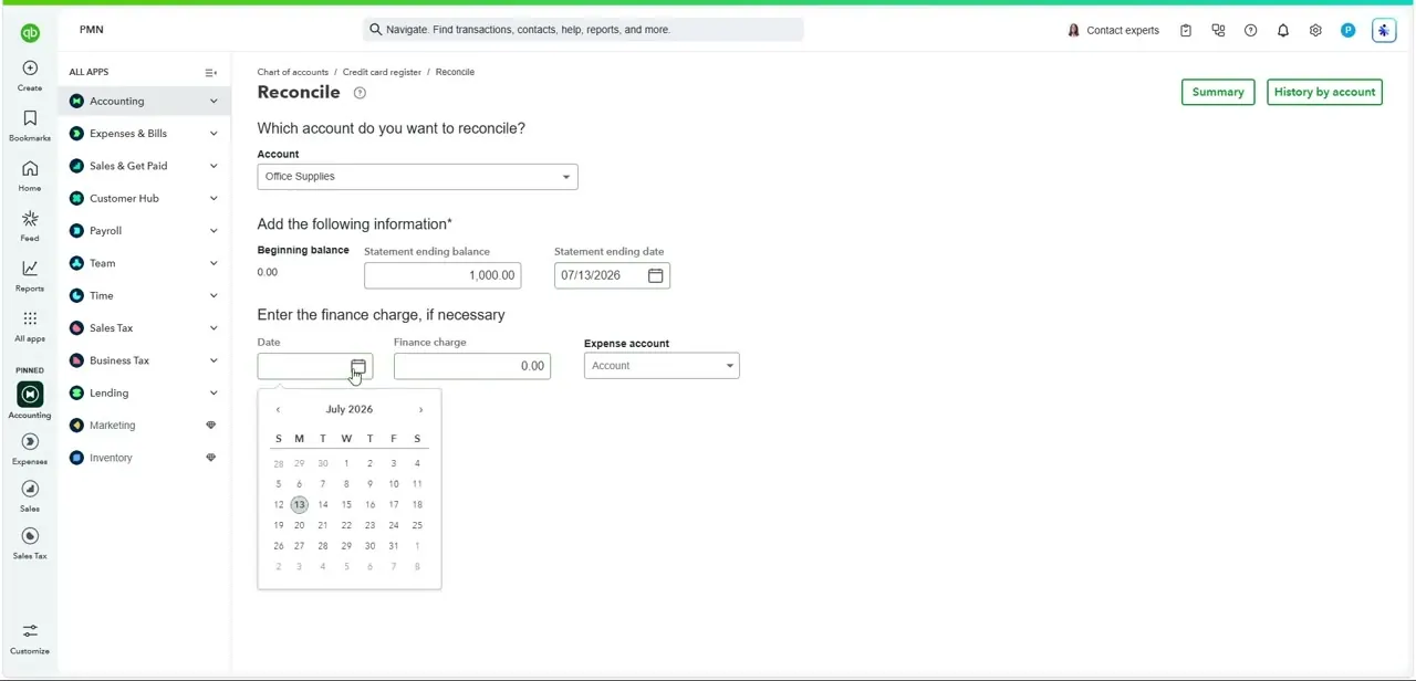 The Reconcile screen's account selector and statement details section, with a date picker open on the finance charge date field.