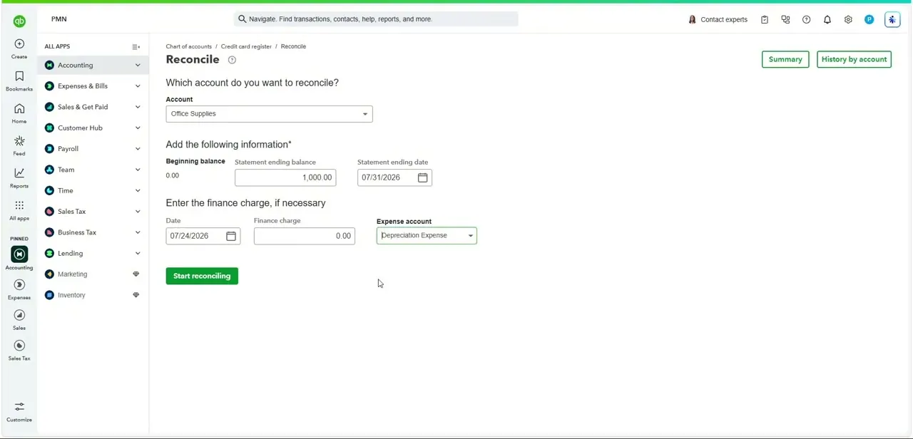 The finance charge section filled in with a date and expense account selected, sitting just above the Start reconciling button.