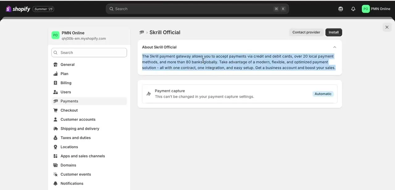 The Skrill Official app page inside Shopify Payments, describing the gateway's coverage and showing the Install button plus a note that payment capture is automatic.
