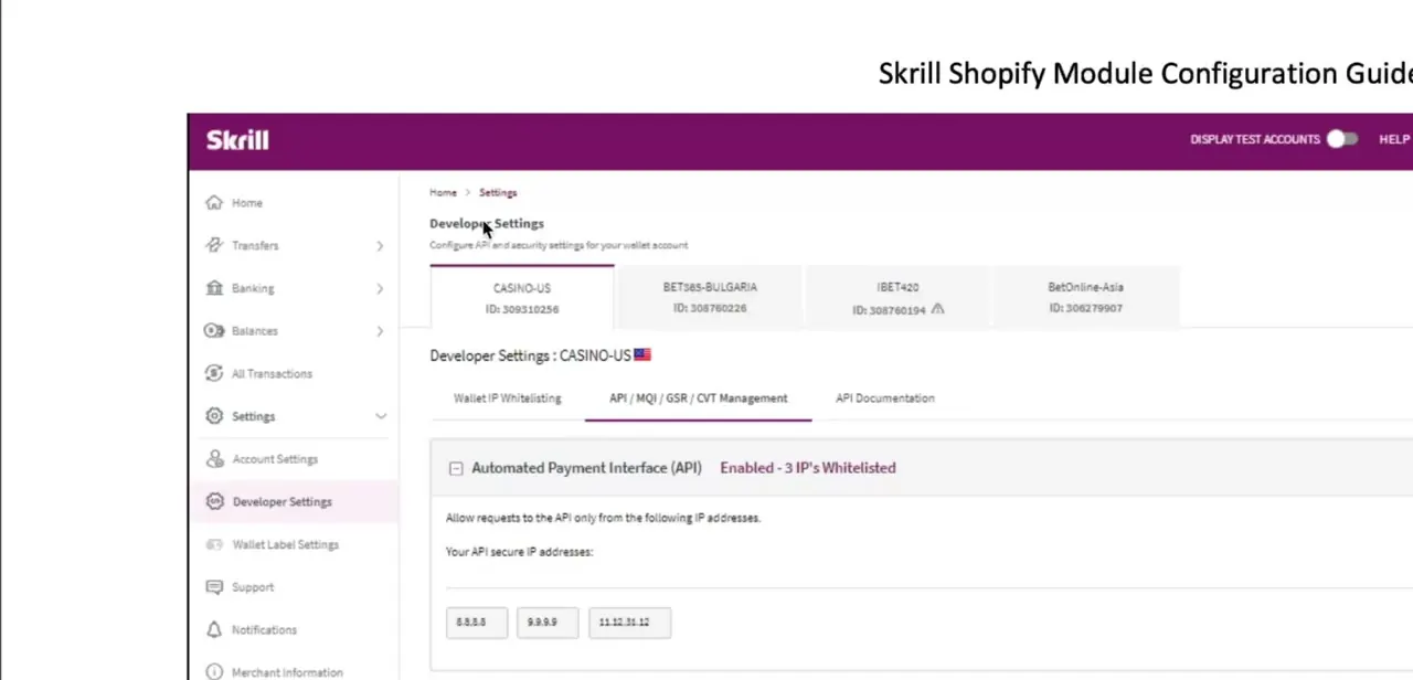 Skrill's Developer Settings page, showing Automated Payment Interface, Merchant Query Interface, and IP whitelisting controls used to generate the credentials Shopify needs.