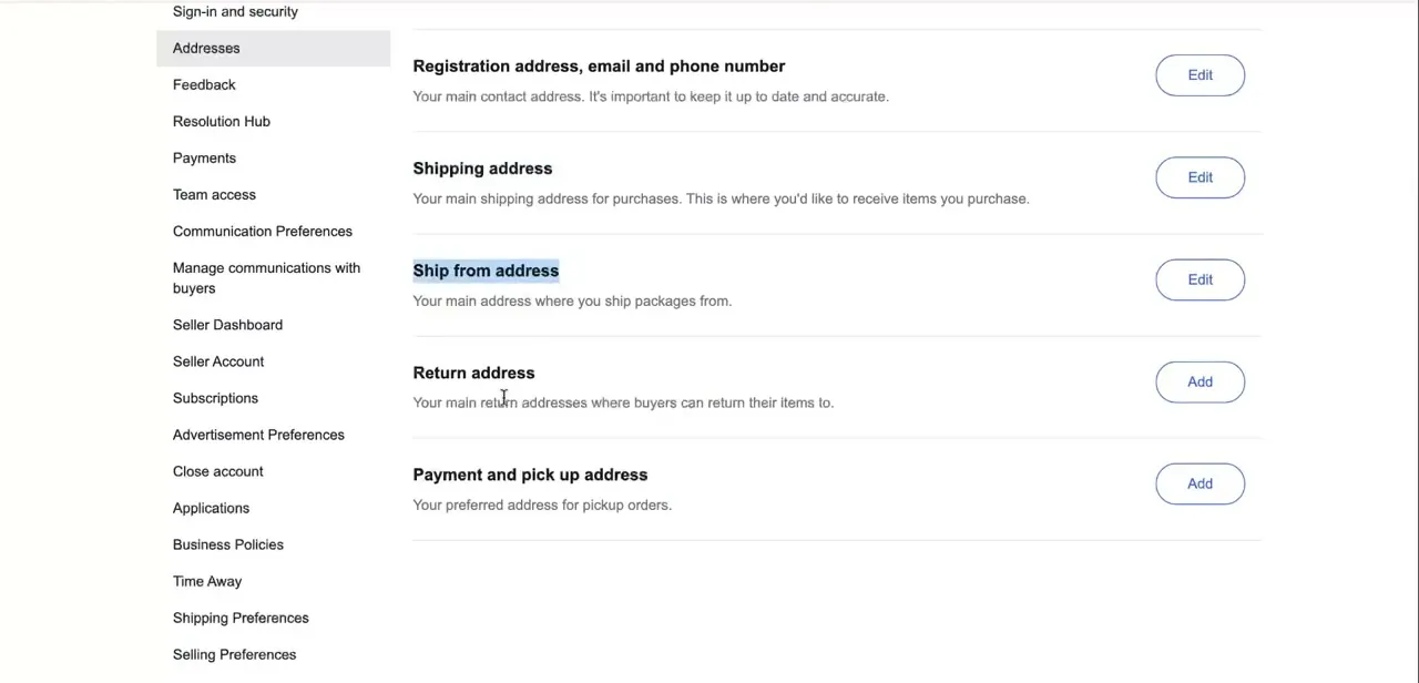 Ship from address highlighted on the Addresses page — this is the setting eBay actually uses to calculate shipping rates and delivery estimates on your listings.