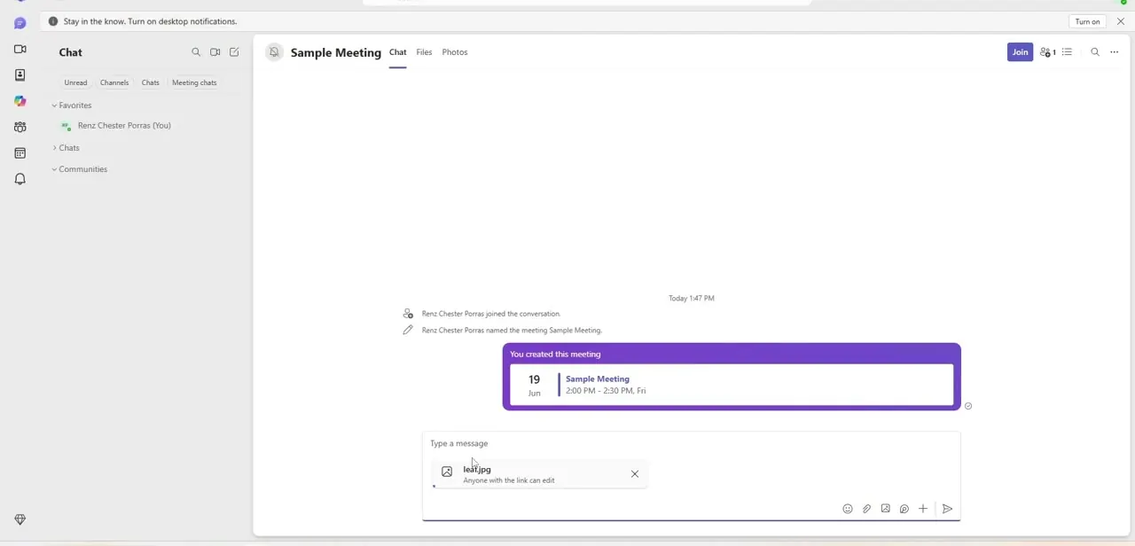 A file staged in the message box before sending, showing its name and the current sharing permission — here, anyone with the link can edit it.